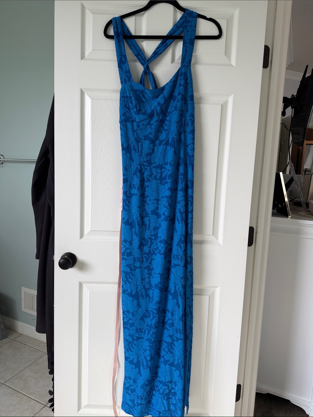 Lulu's Blue Floral Slip Maxi Dress with Cross Back Straps